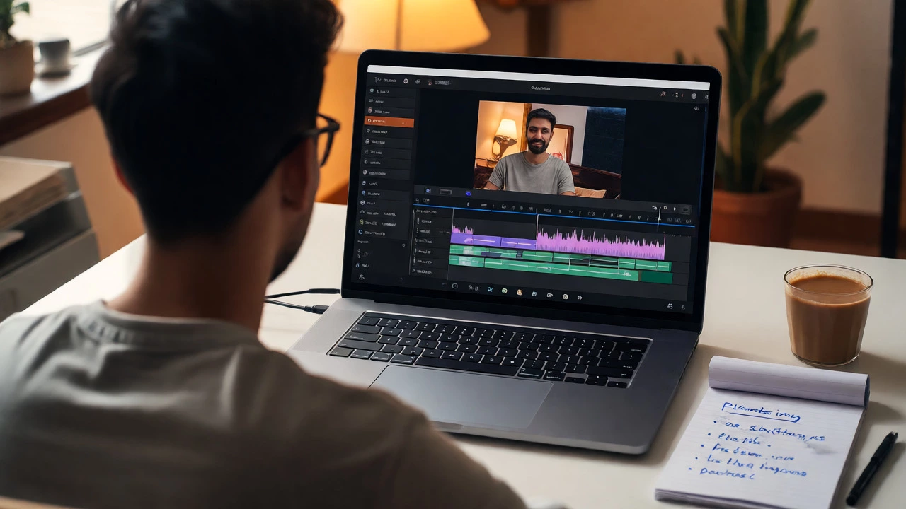 Creator editing video on a laptop with handwritten notes and a cup of chai nearby.