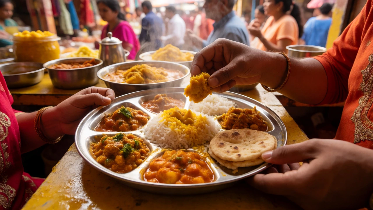 Friends sharing a meal from a single thali plate, symbolizing trust and intimacy.