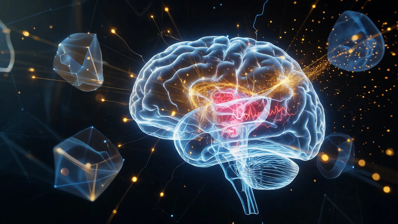 Glowing digital brain illustration showing neural activity and energy bursts.