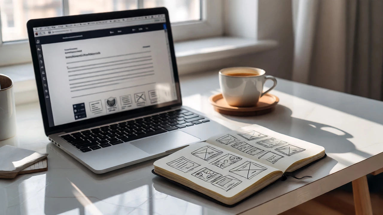 Minimalist workspace with laptop and notes symbolizing structured content creation