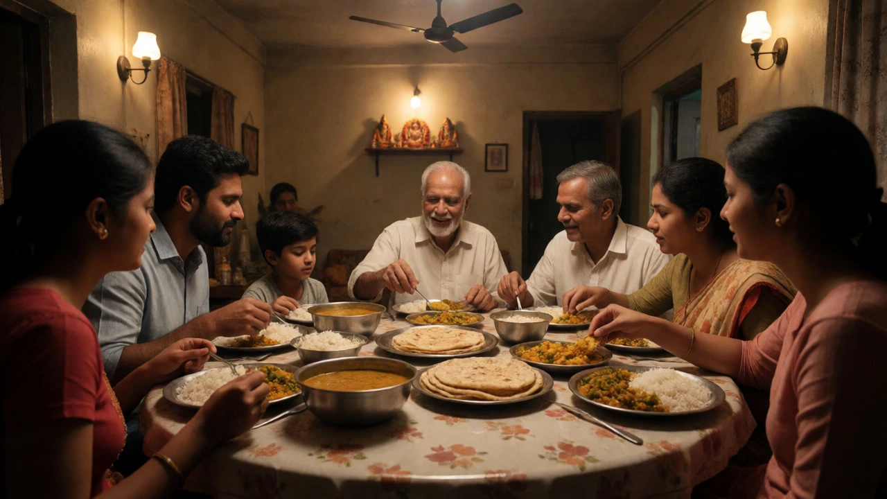 Multi-generational Indian family sharing a traditional dinner around a table, eating with hands.