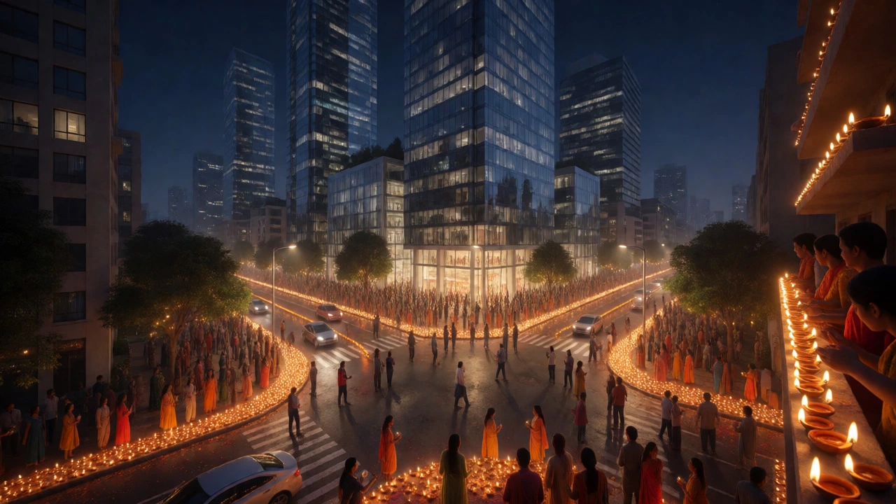 Night cityscape with skyscrapers and streets lined with glowing oil lamps during a festival celebration.