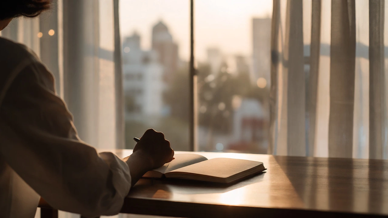 Quiet morning scene with a journal on a desk by a sunlit window.