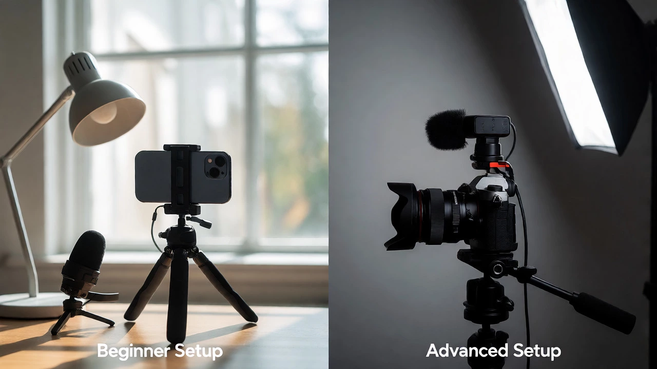 Side-by-side comparison of a simple smartphone vlogging setup and a pro camera rig.
