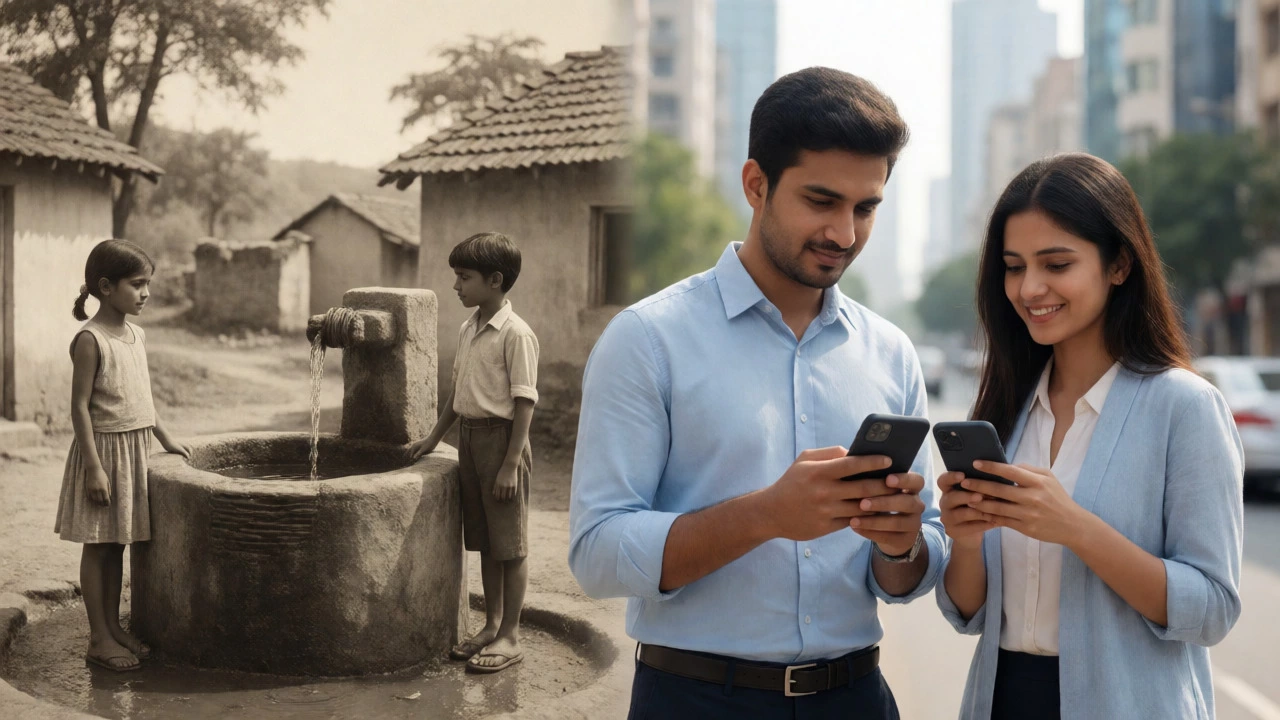 Split image contrasting traditional rural friendship with modern digital urban connections.