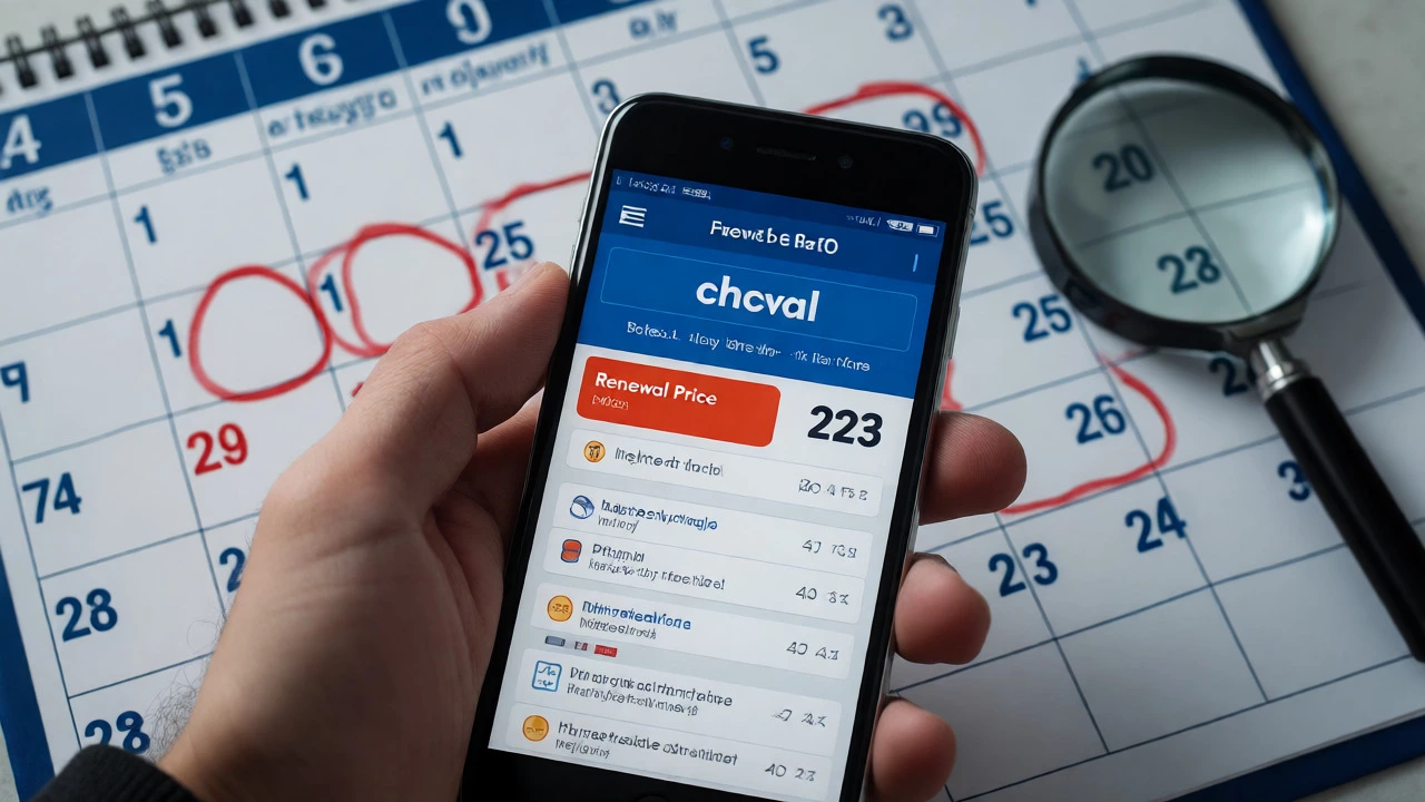 Close up of phone showing renewal price and calendar