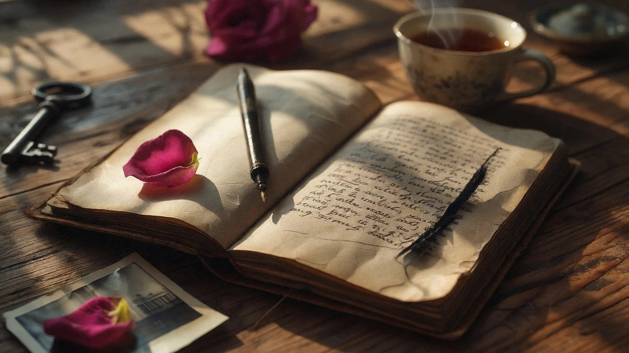 Open journal with a pen and rose petal on a wooden table in soft light.