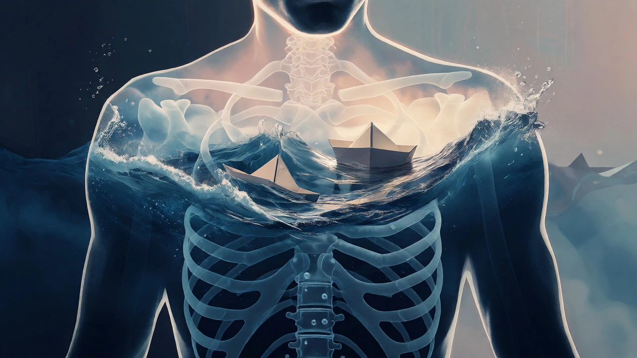 Surreal image of ocean waves inside a human silhouette representing inner grief.